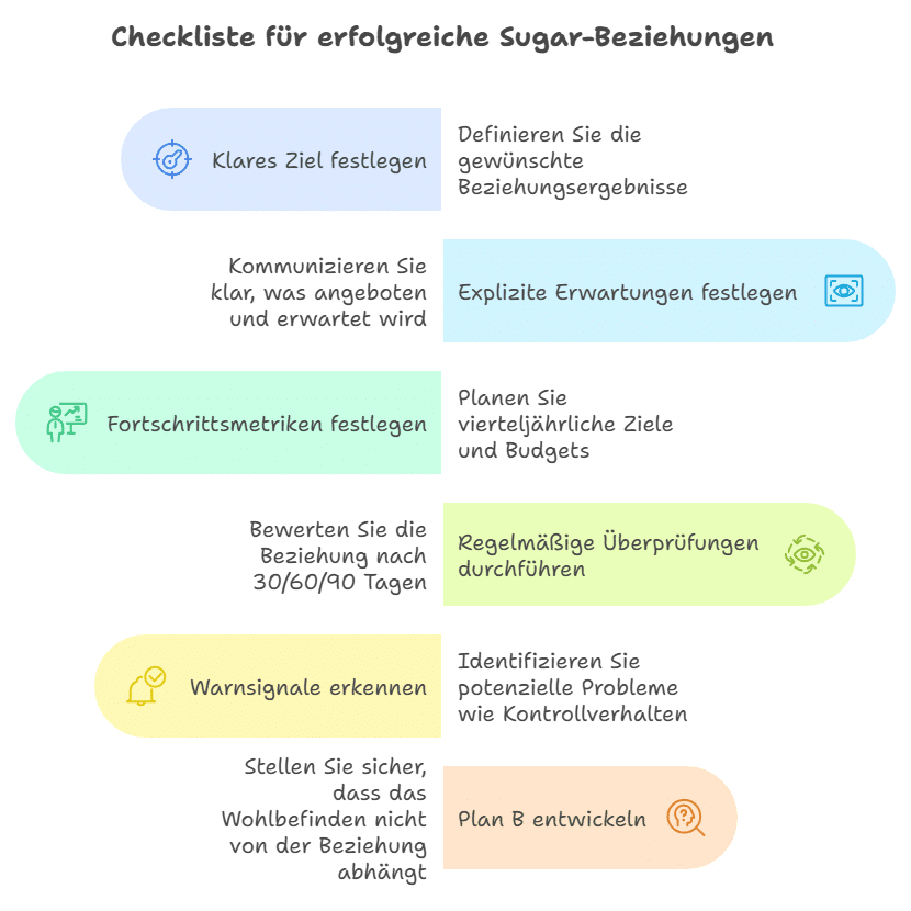 Zusammenfassende Infografik: Anti-Delulu-Checkliste
Klares Ziel
Definiere deine Ziele und Motivationen klar.
Explizite Erwartungen
Kommuniziere klar, was du bietest und erwartest.
Fortschrittsmetriken
Lege spezifische Kennzahlen zur Messung von Fortschritt und Erfolg fest.
Feste Überprüfung
Plane regelmäßige Überprüfungen, um die Beziehung zu bewerten und anzupassen.
Aktive Warnsignale
Identifiziere und gehe auf Warnsignale im Verhalten der anderen Person ein.
Plan B
Stelle sicher, dass dein Wohlbefinden nicht von der anderen Person abhängt.