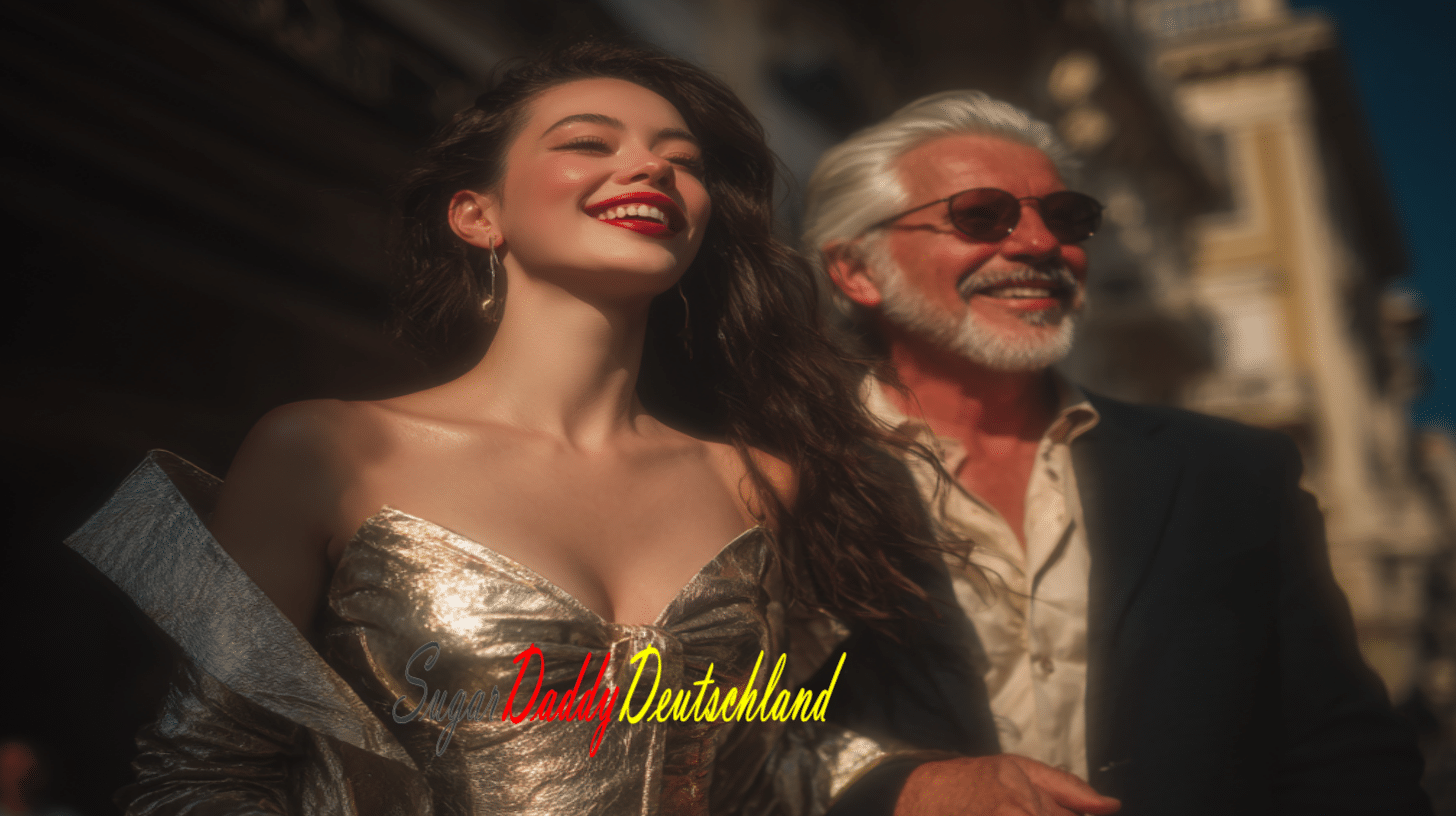 Sugar-Baby-Frau und Sugar-Daddy-Mann lachen in einer trüben Aura wie in einem Traum, sie scheinen sehr aufgeregt zu sein, sie sind Delulu.