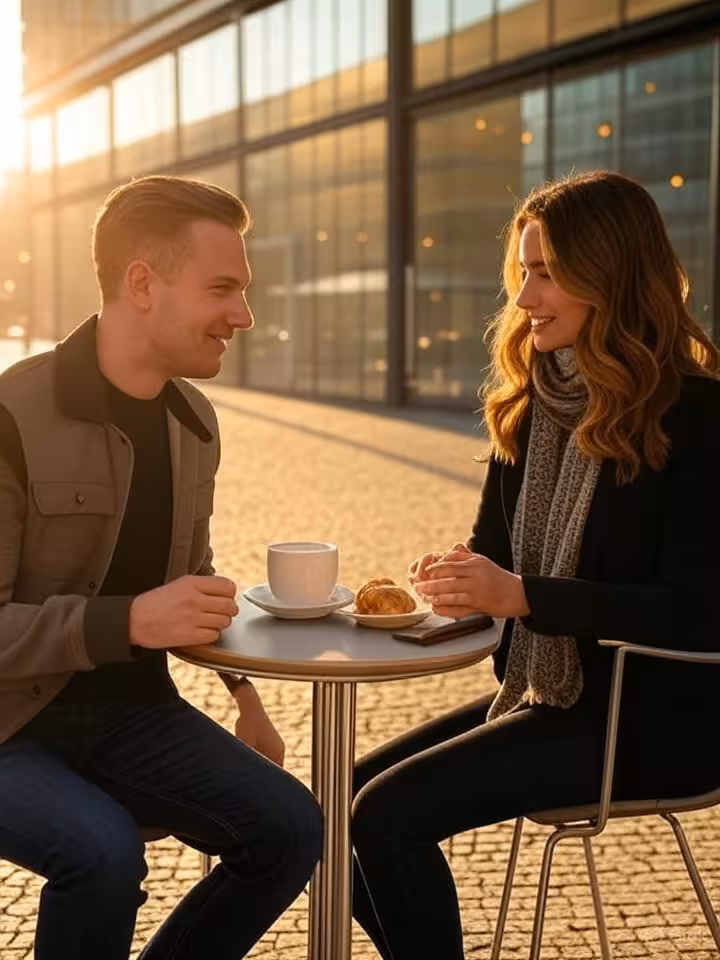 Elegant couple having coffee at a modern Berlin café terrace during golden hour, stylish urban atmos