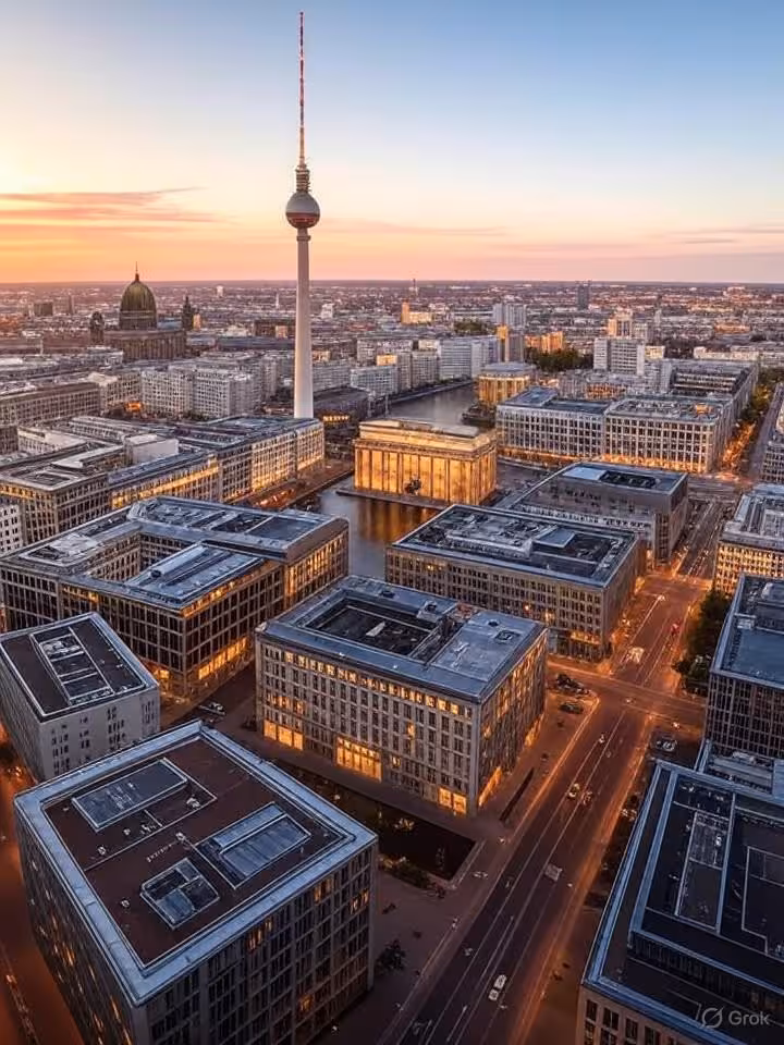 elegant aerial panorama of Berlin cityscape at golden hour, showing iconic TV tower, modern architec