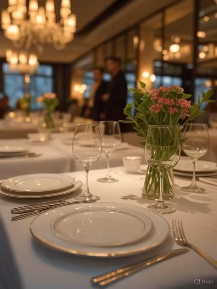 upscale Berlin restaurant interior with sophisticated ambiance, elegant table setting, soft warm lig