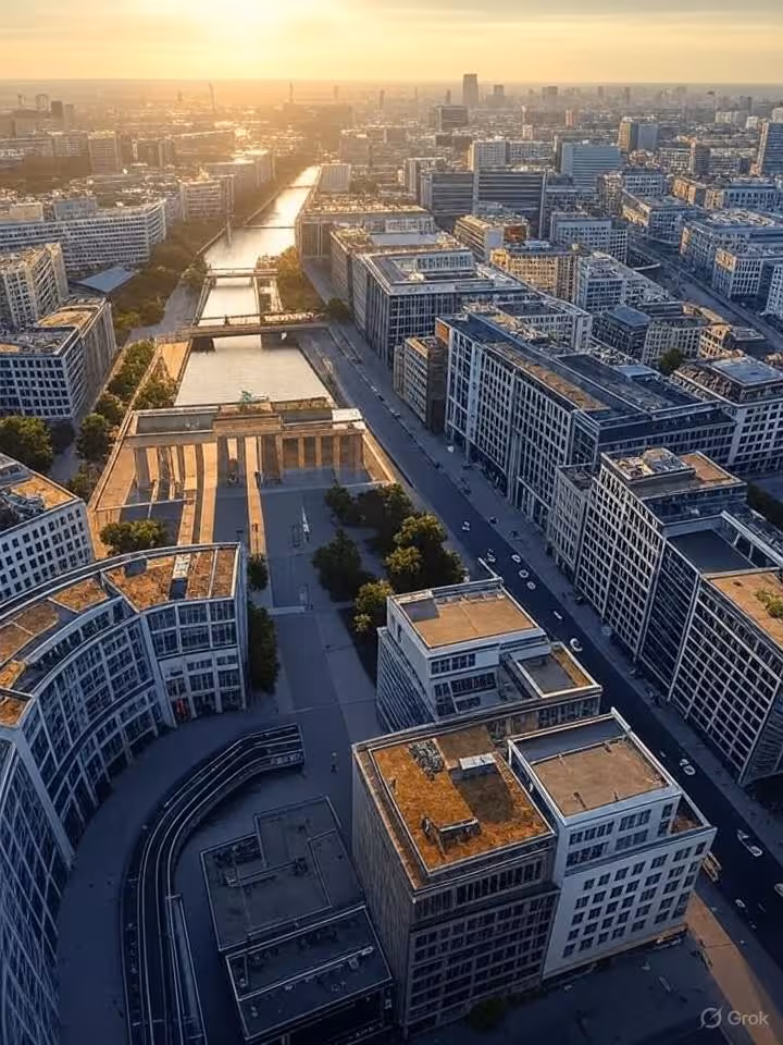 Aerial view of Berlin cityscape showing Mitte district with modern buildings and green spaces, dynam