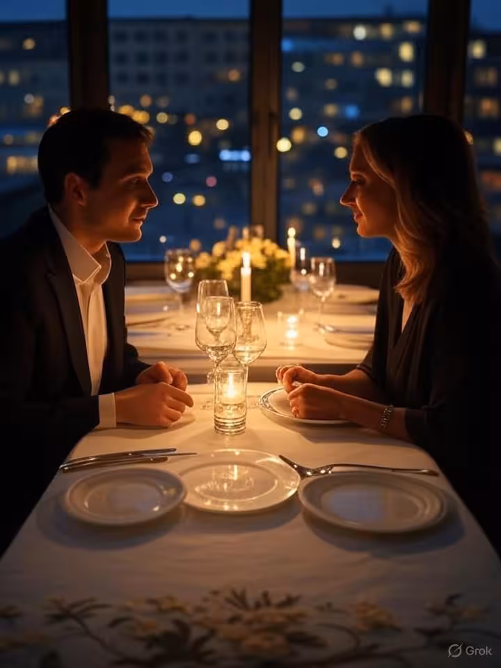 Intimate dinner setting at an upscale Berlin restaurant, candlelight ambiance, fine dining table arr