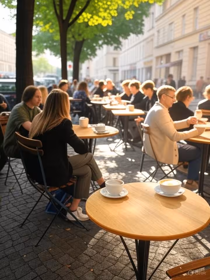 stylish Berlin cafe scene in Prenzlauer Berg or Charlottenburg, outdoor seating with elegant patrons