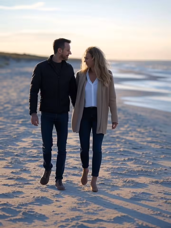 Elegant couple walking on windswept beach in Sylt Germany, distant silhouettes, sand dunes, late aft