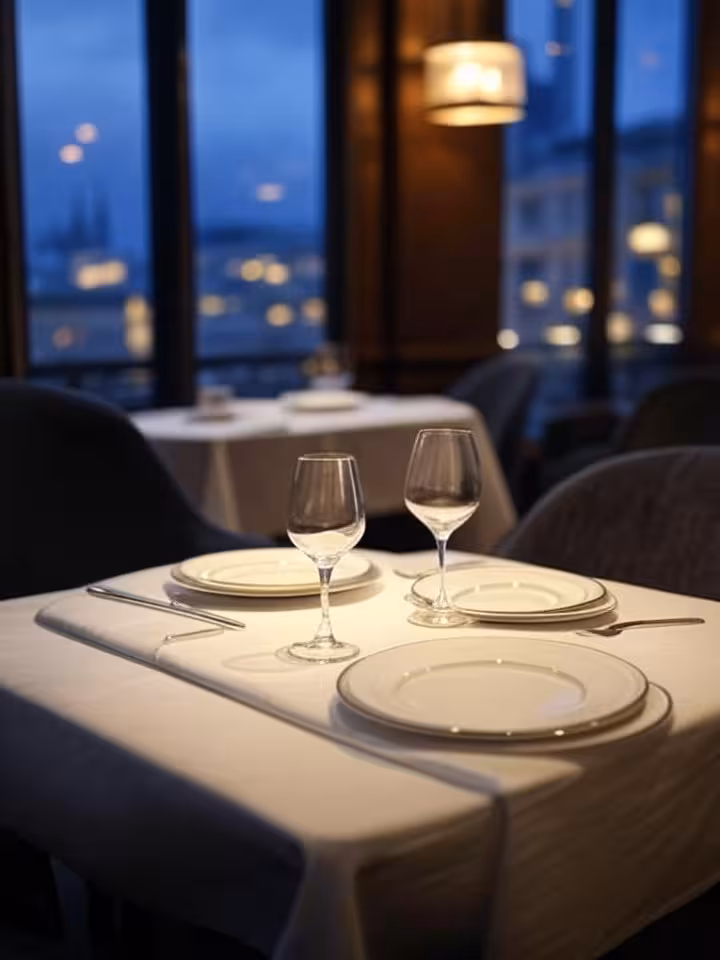 Elegant restaurant interior in Munich, sophisticated ambiance with subtle lighting, empty table sett
