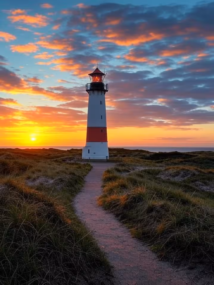 Sylt lighthouse at dusk, dramatic sky, pathway through dunes leading to coast, warm sunset colors co