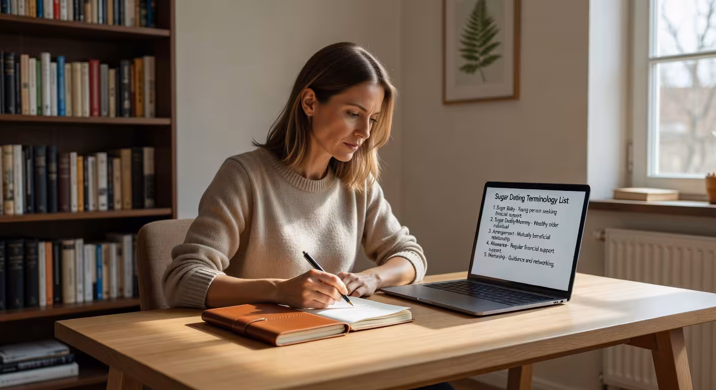 Frau studiert Sugar Dating Begriffe und macht Notizen